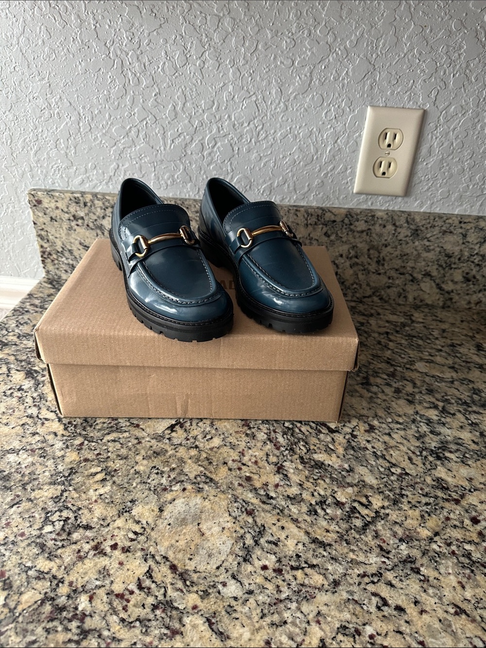 Steve Madden blue Patent Loafers with Gold Bit Hardware
